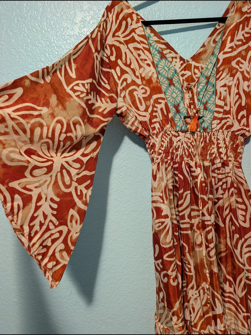 Boho Tassel V-Neck Maxi Dress in Rust & Cream